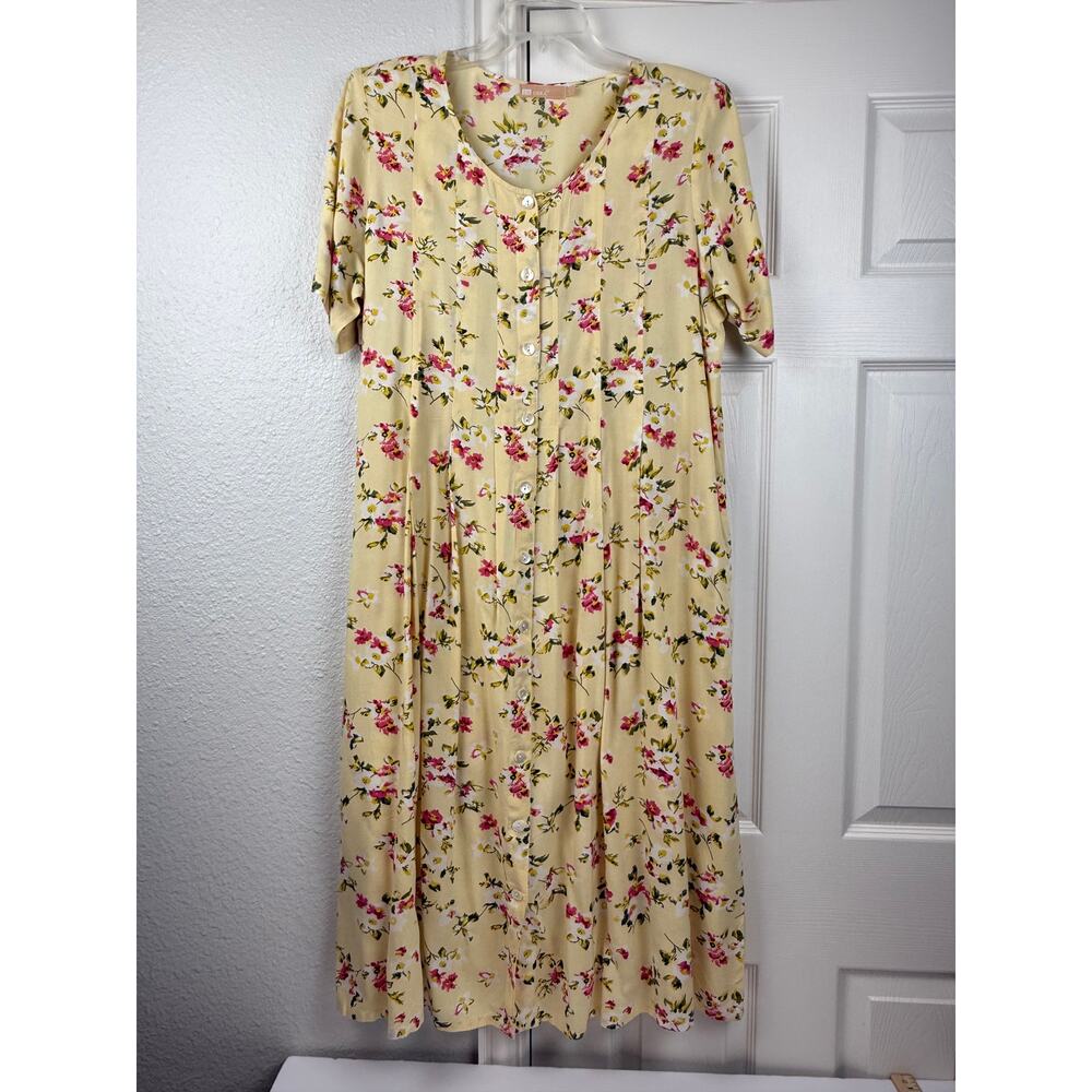LA CERA Yellow Floral Button Front Midi Dress Cottagecore Size L